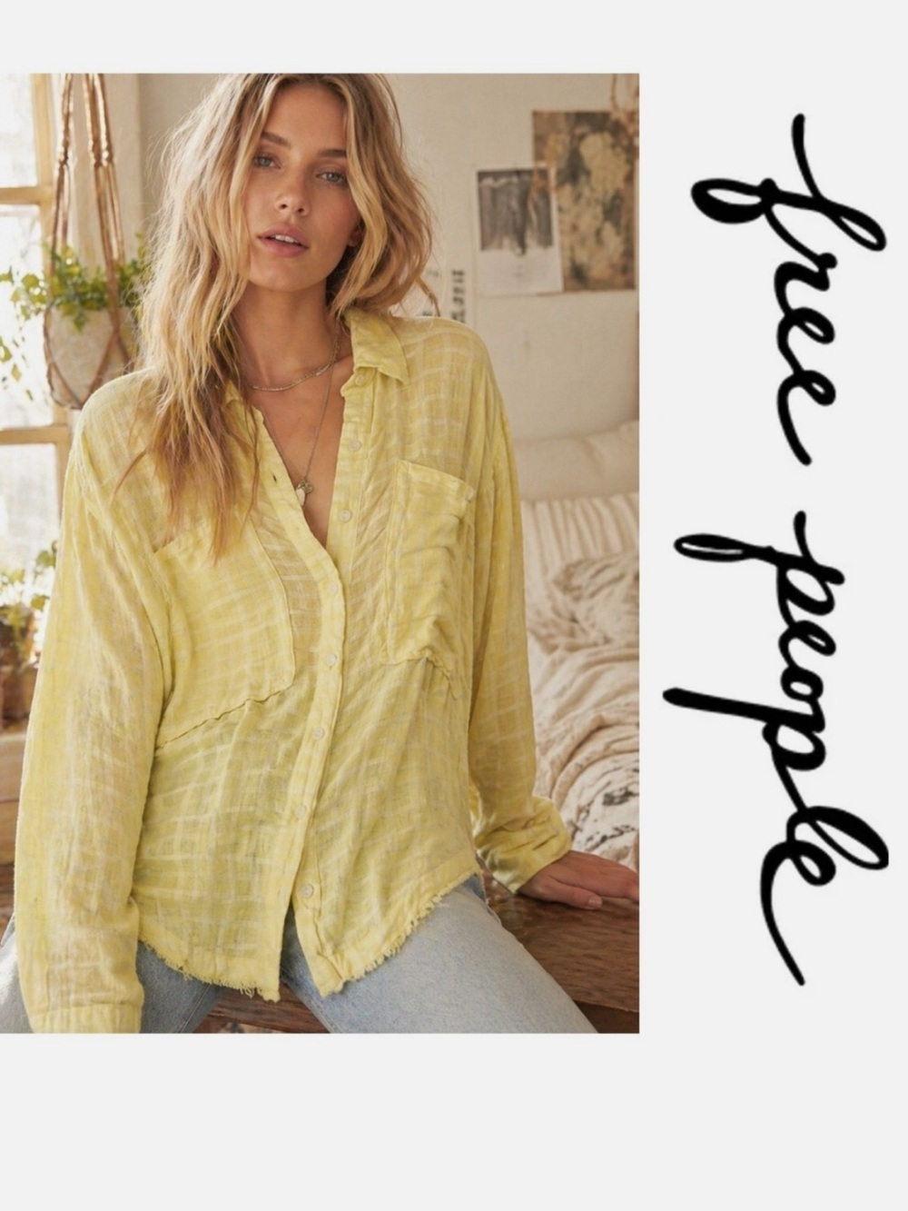 Free People Loveland button down shirt top Windowpane Long Sleeve Blouse butter